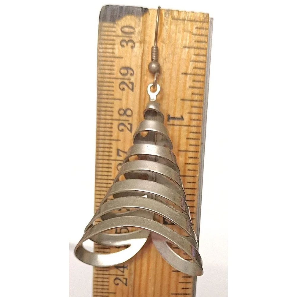 Sculptural Spiral Metal Earrings Vintage Silvertone Tree Like Dangle